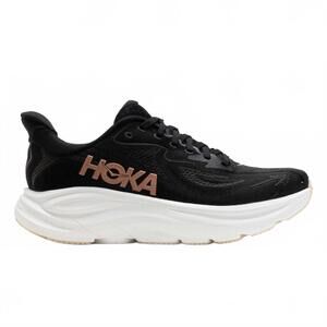 NEW HOKA women's clifton 10 running shoes in black/rose gold